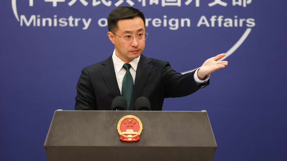 epa11279420 China’s Ministry of Foreign Affairs spokesperson, Lin Jian, gestures during a press conference in Beijing, China, 15 April 2024. China's Foreign Ministry spokesperson Lin Jian expressed 'deep concern' over the escalation of conflict following Iran’s missile and drone attack on Israel, and 'urge both sides to avoid escalation of the situation'.  EPA/WU HAO