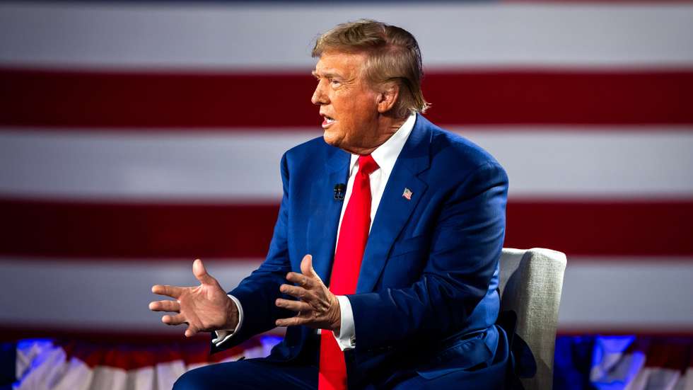 epa11585599 Former US President and current Republican presidential nominee Donald Trump speaks with conservative broadcaster Sean Hannity (Not Pictured) during a FOX News town hall in Harrisburg, Pennsylvania, USA, 04 September 2024. Both Trump and his democratic opponent, Vice President Harris, are devoting and extensive amount of time and money in the battleground state of Pennsylvania.  EPA/JIM LO SCALZO