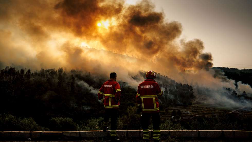 epa12307256 Firefighters extinguish a fire in Tarouca, Viseu, Portugal, 17 August 2025. Forest fires have burned 155,000 hectares in Portugal, half of which in just two days, representing 17 times more than the area burned in the same period last year. Portugal activated the European Civil Protection Mechanism, under which two Fire Boss aircraft are expected to arrive on 18 August to bolster efforts against the fires.  EPA/PEDRO SARMENTO COSTA