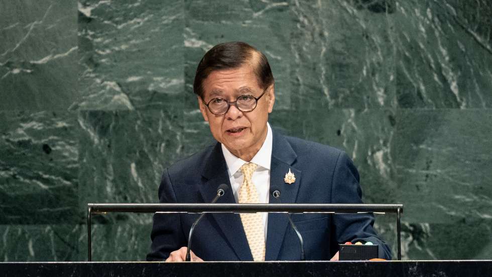 epa12411020 Minister for Foreign Affairs of Thailand Sihasak Phuangketkeow speaks during the General Debate of the 80th session of the United Nations General Assembly at United Nations headquarters in New York, New York, USA, 27 September 2025.  EPA/LEV RADIN