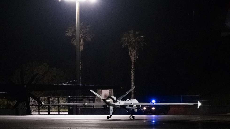 Drone norte-americano MQ-9 Reaper, aeronave militar não tripulada conhecida como "drone assassino" na Base Aérea das Lajes, Praia da Vitória, Terceira, Açores, Portugal. 3 de abril de 2026, ANTÓNIO ARAÚJO/ LUSA