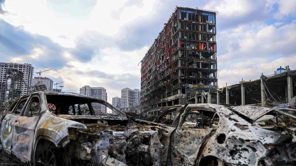 epa09846525 A general view of the shopping center that was damaged by shelling on 21 March by a Russian attack in Kiev, where according to emergency service, at least six people died in the Russian shelling on the shopping centre, in Kiev, Ukraine, 24 March 2022. On 24 February Russian troops had entered Ukrainian territory in what the Russian president declared a 'special military operation', resulting in fighting and destruction in the country, a huge flow of refugees, and multiple sanctions against Russia.  EPA/NUNO VEIGA
