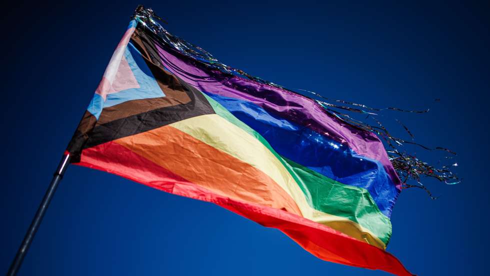 epa10852781 A pride flag waves over the memorial during a commemoration ceremony for the queer victims of the concentration camp Sachsenhausen in Oranienburg near Berlin, Germany, 10 September 2023. In 1942, hundreds of members of the the LGBT community, so-called 'pink triangle' prisoners, of the concentration camp sub-camp 'Klinkerwerk Oranienburg' were murdered in an assassination action. On 10 September 2023, dozens of participants commemorated the victims with speeches, music, and art performances.  EPA/CLEMENS BILAN