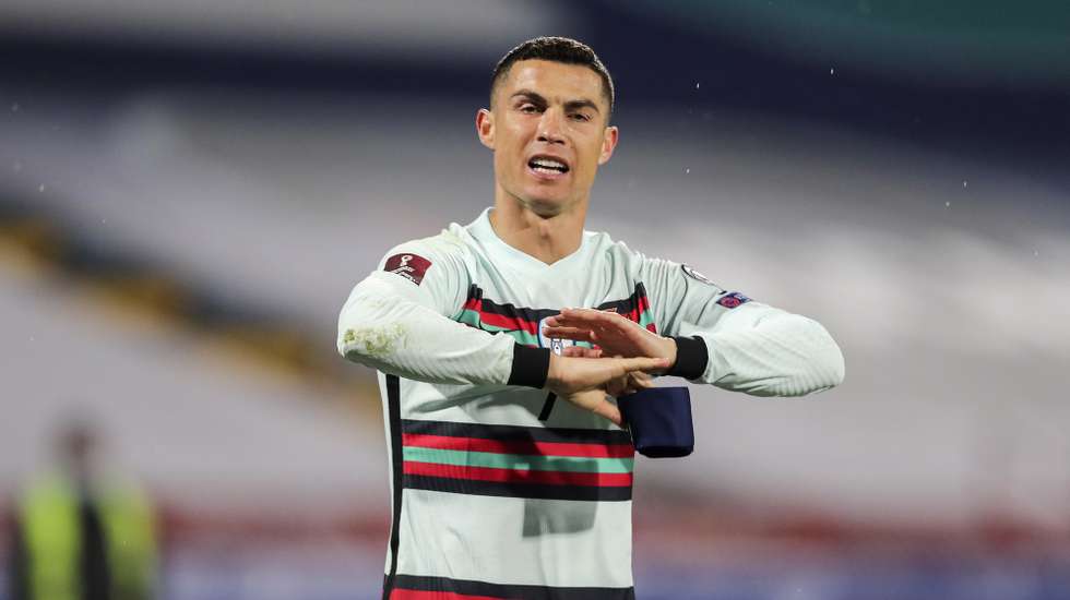 epa09102265 Portugal's Cristiano Ronaldo reacts during the Group A of FIFA World Cup Qatar 2022 qualifier match at Rajko Mitic Stadium in Belgrade, Serbia, 27th March 2021.  EPA/MIGUEL A. LOPES
