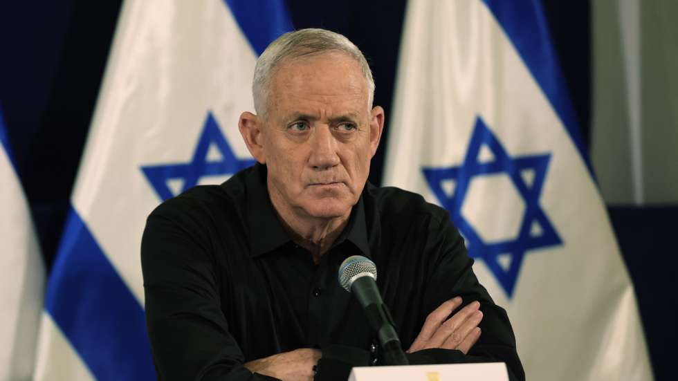 epa10945802 Israel's Cabinet Minister Benny Gantz looks on during a press conference in The Kirya military base in Tel Aviv, Israel, 28 October 2023.  EPA/ABIR SULTAN / POOL