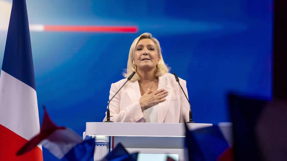 epa13331170 French presidential candidate of the far-right National Rally (RN) party, Marine Le Pen reacts during her presidential campaign launch rally at the Co'Met arena in Orleans, central France, 25 October 2026.  EPA/CHRISTOPHE PETIT TESSON