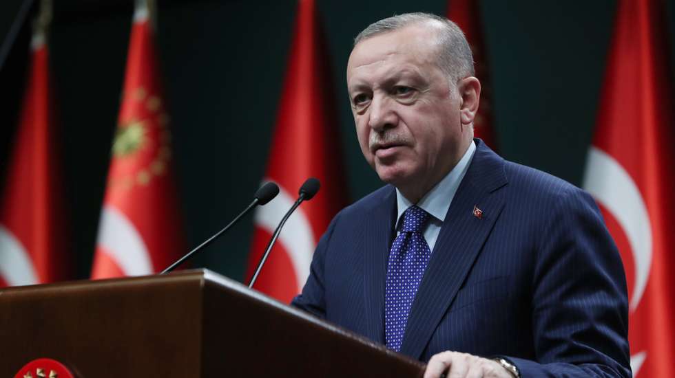 epa09117564 A handout picture provided by the Turkish President Press office shows, Turkish President Recep Tayyip Erdogan speaks to the media after an evaluation meeting at the Presidential Palace in Ankara, Turkey, 05 April 2021. President Erdogan told that for the letter of 104 former admirals over the weekend urging him to abide by the terms of the 1936 Montreux Convention, 'We cannot call this freedom of expression. Freedom of expression does not include sentences that threaten the elected government with a coup'.  EPA/TURKISH PRESIDENT PRESS OFFICE HANDOUT  HANDOUT EDITORIAL USE ONLY/NO SALES