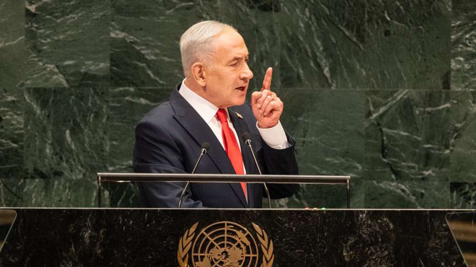 epa13260991 Israel's Prime Minister Benjamin Netanyahu  speaks during the General Debate of the 81st session of the United Nations General Assembly (UNGA) at United Nations Headquarters in New York, New York, USA, 24 September 2026.  EPA/LEV RADIN