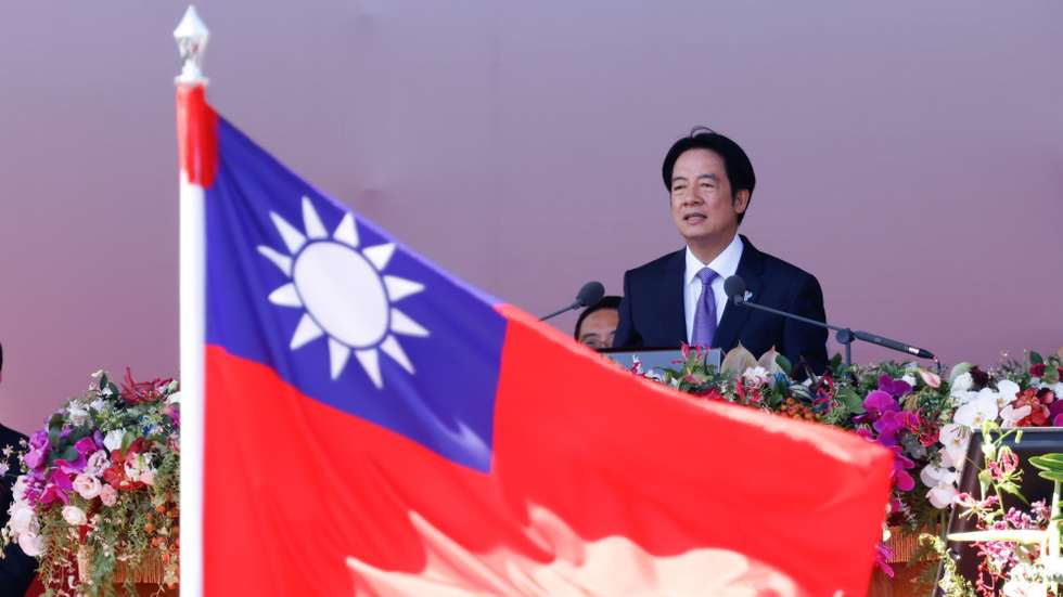 epa12443783 Taiwanese President William Lai (Lai Ching-te) speaks during Taiwan's National Day celebrations outside the Presidential office building in Taipei, Taiwan, 10 October 2025.
Taiwan's National day, also known as Double Ten Day, is celebrated annually on 10 October.  EPA/RITCHIE B. TONGO