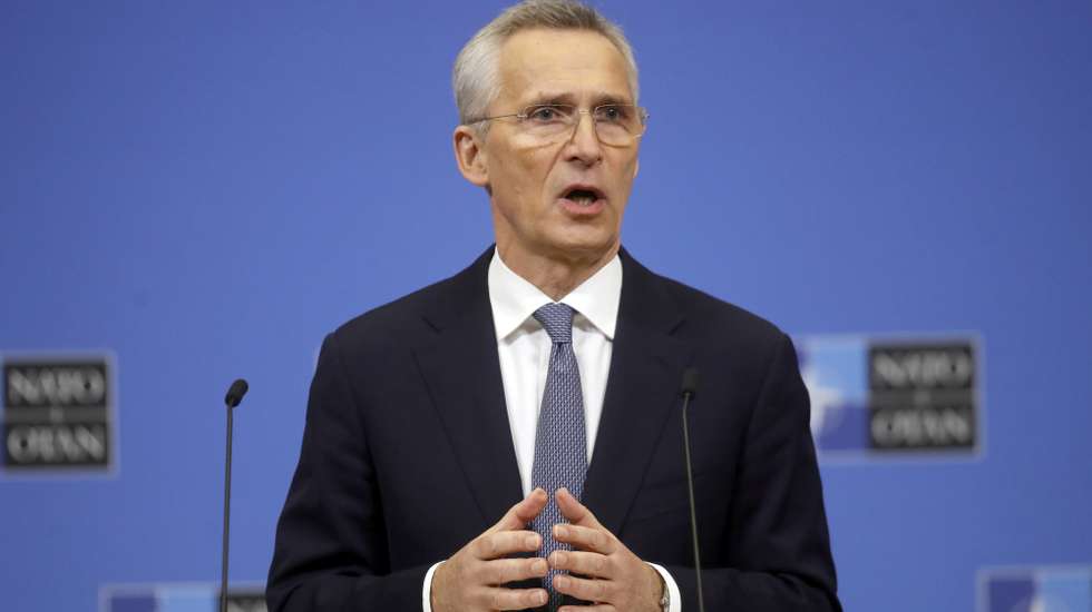 epa10464886 NATO Secretary General Jens Stoltenberg holds a press conference ahead of NATO Defense Ministers meeting at Alliance headquarters in Brussels, Belgium, 13 February 2023. NATO Defense Ministers will gather on 14-15 February in Brussels.  EPA/OLIVIER HOSLET