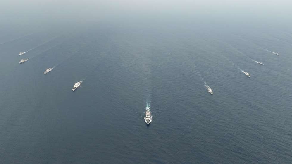 epa11349307 An aerial photo taken with a drone shows the China Coast Guard (CCG) 3502 fleet conducting formation training in waters adjacent to China's Huangyan Dao, South China Sea, 17 May 2024 (issued 18 May 2024).  EPA/XINHUA / Wang Yuguo CHINA OUT / UK AND IRELAND OUT  /       MANDATORY CREDIT  EDITORIAL USE ONLY  EDITORIAL USE ONLY