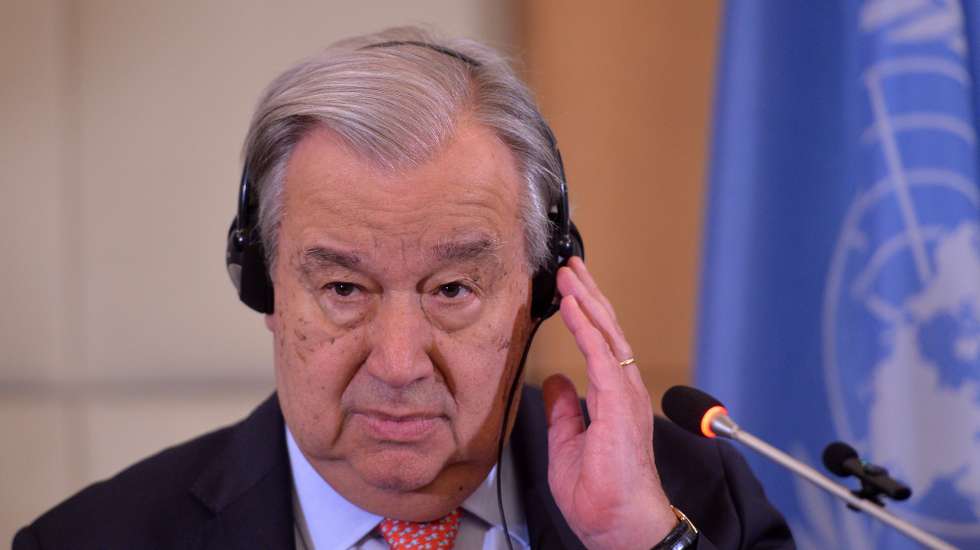 epa11834306 Secretary-General of the United Nations Antonio Guterres speaks during a press conference in Beirut, Lebanon, 18 January 2025. Antonio Guterres arrived in Beirut on 17 January for a two-day visit to meet with Lebanese officials.  EPA/WAEL HAMZEH
