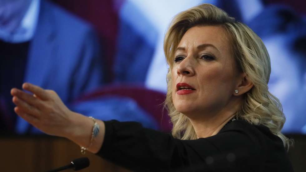 epa10412970 Russian Foreign Ministry's Spokeswoman Maria Zakharova reacts during the annual news conference by Foreign Minister Sergei Lavrov (not pictured) in Moscow, Russia, 18 January 2023. Lavrov gave a press conference on the results of Russian diplomacy in 2022.  EPA/YURI KOCHETKOV