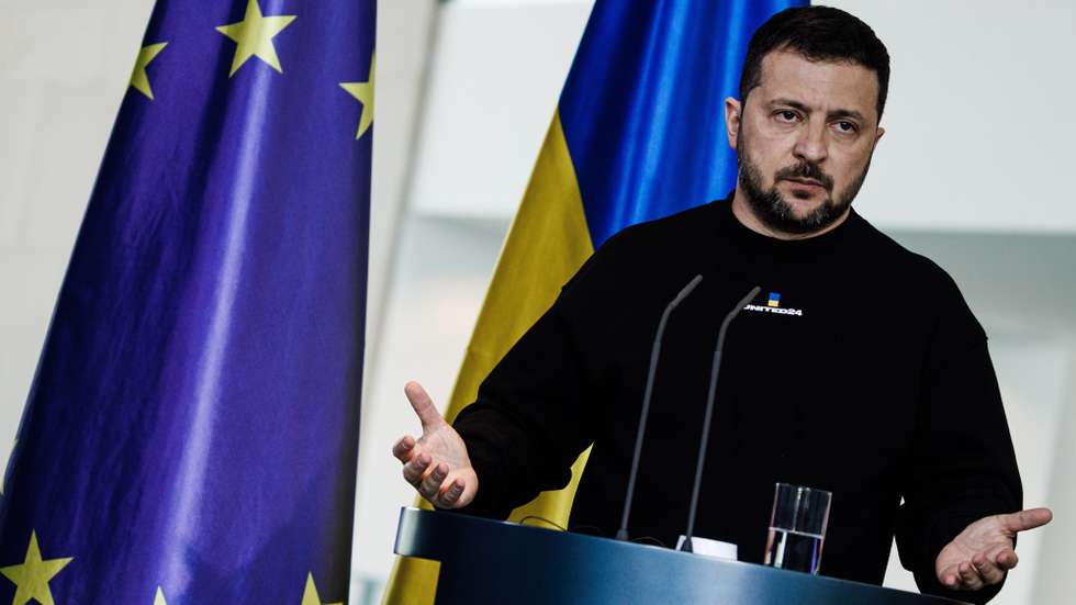 epa10627009 Ukrainian President Volodymyr Zelensky gestures during a joint press conference with German Chancellor Olaf Scholz (not in the picture) following their meeting at the Chancellery in Berlin, Germany, 14 May 2023. It is the first time Zelensky visits Germany since the start of the Russian invasion of Ukraine in February 2022.  EPA/CLEMENS BILAN