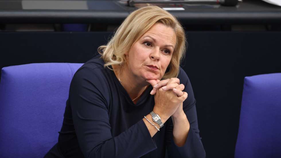 epa10871282 German Interior Minister Nancy Faeser looks on during a session of questions addressed to the Federal Government, at the German Parliament 'Bundestag' in Berlin, Germany, 20 September 2023. During sessions of questions addressed to the Federal Government, Members of Parliament have the opportunity to ask questions on latest government's consultings.  EPA/CLEMENS BILAN