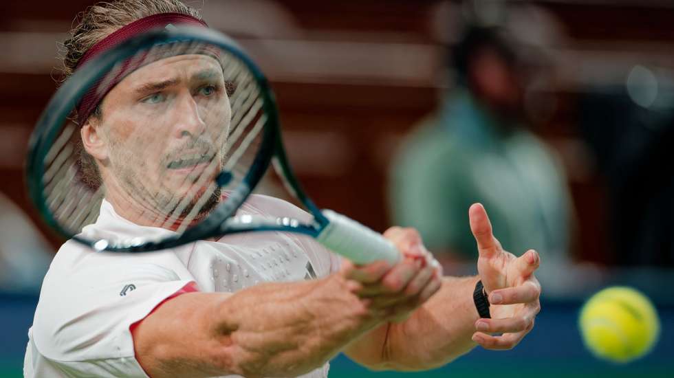 epa13296051 Alexander Zverev of Germany in action during his Men's Singles match against Quentin Halys of France at the Shanghai Masters tennis tournament in Shanghai, China, 11 October 2026.  EPA/ALEX PLAVEVSKI