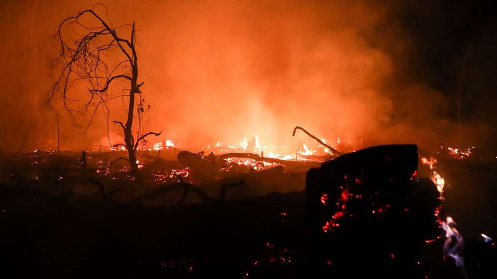 epaselect epa07831597 A fire burns in a in Porto Velho, Brazil, 09 September 2019. According to the National Space Research Institute (INPE) of Brazil, the Brazilian Amazon lost 1,698 square kilometers of its vegetation cover in the month of August, an area 222 percent higher than deforested land in the same month of 2018, 526 square kilometers.  EPA/FERNANDO BIZERRA JR