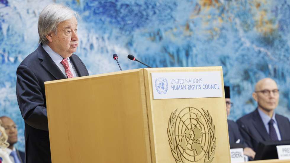 epa12770868 U.N. Secretary-General Antonio Guterres speaks during the opening of the 61st session of the United Nations Human Rights Council at the European headquarters of the United Nations in Geneva, Switzerland, 23 February 2026.  EPA/VALENTIN FLAURAUD
