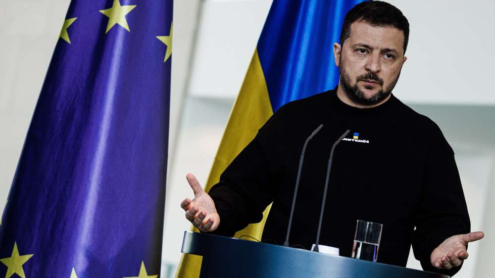 epa10627009 Ukrainian President Volodymyr Zelensky gestures during a joint press conference with German Chancellor Olaf Scholz (not in the picture) following their meeting at the Chancellery in Berlin, Germany, 14 May 2023. It is the first time Zelensky visits Germany since the start of the Russian invasion of Ukraine in February 2022.  EPA/CLEMENS BILAN