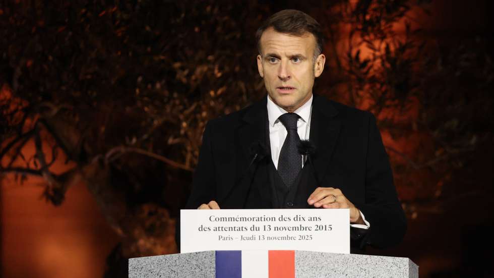 epa12523838 France's President Emmanuel Macron delivers a speech during a ceremony marking a decade since the November 2015 Paris attacks at the 'Jardin du 13 novembre 2015' in Paris, in Paris, France, 13 November 2025. The day marks the 10th anniversary of the coordinated terrorist attacks that killed 130 people and injured hundreds, targeting the Bataclan Concert Hall, Stade de France, and Parisian cafes.  EPA/LUDOVIC MARIN / POOL  MAXPPP OUT