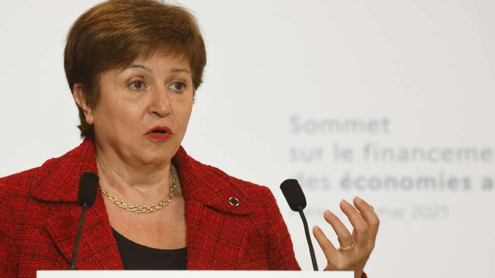 epa09210135 International Monetary Fund (IMF) Managing Director Kristalina Georgieva speaks during a joint press conference at the end of the Summit on the Financing of African Economies in Paris, France, 18 May 2021.  EPA/LUDOVIC MARIN / POOL  MAXPPP OUT