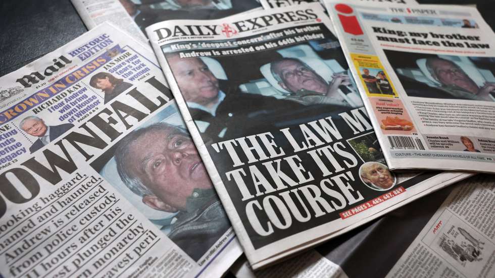 epa12760890 British newspaper front pages following the arrest of Andrew Mountbatten-Windsor in Liverpool, Britain, 20 February 2026. Andrew Mountbatten-Windsor, formerly Prince Andrew, was arrested on the morning of 19 February by Thames Valley Police on suspicion of misconduct in public office. He was released later that day and remains under investigation.  EPA/ADAM VAUGHAN