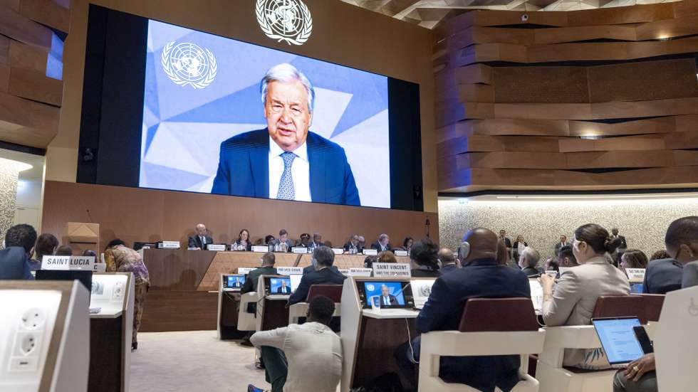 epa12119051 United Nations Secretary-General Antonio Guterres delivers a statement via a video call about the adoption of the WHO Pandemic Agreement, aimed at avoiding a repeat of the mistakes made during the COVID-19 crisis, during the 78th World Health Assembly (WHA78) at the European headquarters of the United Nations in Geneva, Switzerland, 20 May 2025. The Assembly is being held from 19 to 27 May, with this year's theme being 'One World for Health.'  EPA/MAGALI GIRARDIN