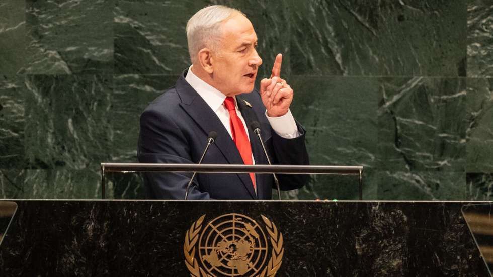 epa13260991 Israel's Prime Minister Benjamin Netanyahu  speaks during the General Debate of the 81st session of the United Nations General Assembly (UNGA) at United Nations Headquarters in New York, New York, USA, 24 September 2026.  EPA/LEV RADIN
