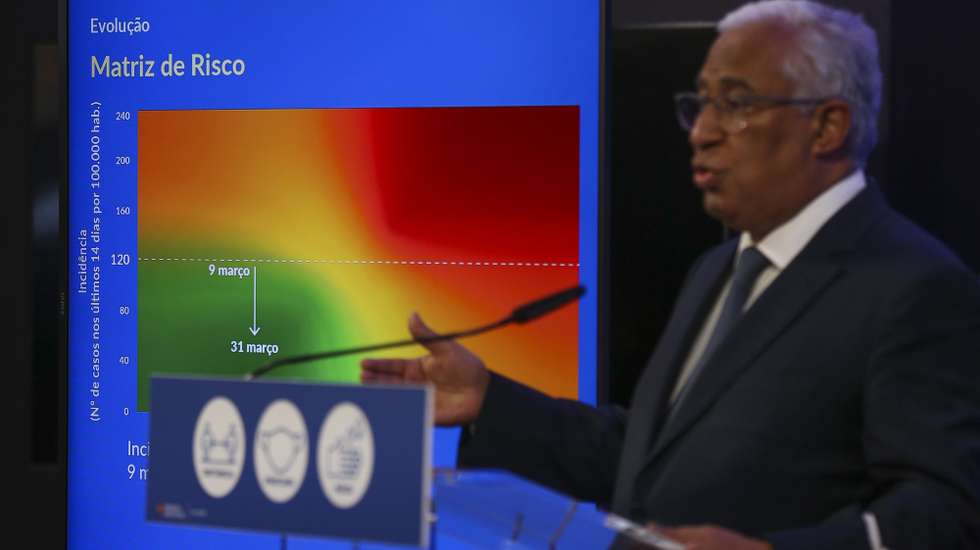 O primeiro-ministro, António Costa, fala aos jornalistas no final da reunião do Conselho de Ministros para, entre outros assuntos, debater a aprovação de novas regras de desconfinamento para implementar a partir de 05 de abril, no Centro Cultural de Belém, em Lisboa, 01 de abril de 2021. O primeiro-ministro, afirmou hoje que Portugal pode “dar o passo de avançar” com as medidas de desconfinamento previstas para a próxima segunda-feira. MANUEL DE ALMEIDA/LUSA