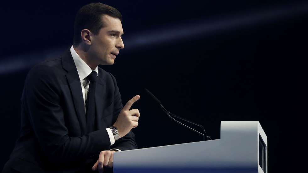 epa11196798 President of the French far-right National Rally party (RN-Rassemblement National in French) Jordan Bardella delivers a speech as the party launches European election campaign in Marseille, Southern France, 03 March 2024. Elections for the European Parliament are due to take place between 06 and 09 June 2024.  EPA/Guillaume Horcajuelo