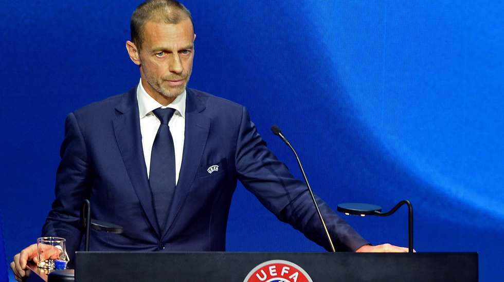 epa09146774 A handout photo made available by the UEFA of UEFA President Aleksander Ceferin speaking at the 45th Ordinary UEFA Congress in Montreux, Switzerland, 20 April 2021.  EPA/Paul Murphy / UEFA HANDOUT  HANDOUT EDITORIAL USE ONLY/NO SALES