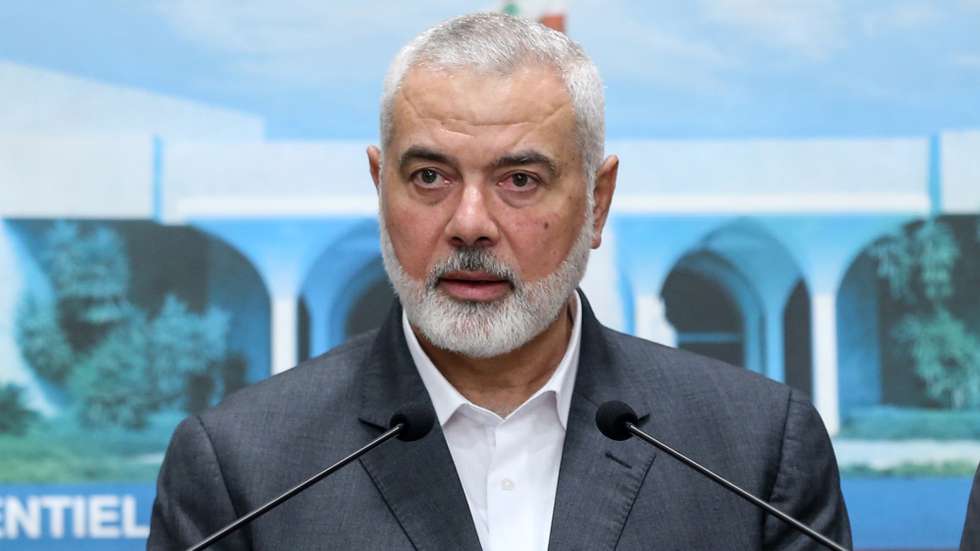 epa09307311 A handout photo made available by the Official Photography of the Lebanese Government Dalati Nohra shows Senior Political Leader of Hamas movement Ismail Haniyeh speaks to media after his meeting with the Lebanese President Michel Aoun at the presidential palace in Baabda east of Beirut, Lebanon, 28 June 2021. Ismail Haniyeh arrived in an official visit to Lebanon, to discuss the situation of the displaced Palestinians  during the economic and political crisis in Lebanon.  EPA/DALATI NOHRA HANDOUT  HANDOUT EDITORIAL USE ONLY/NO SALES