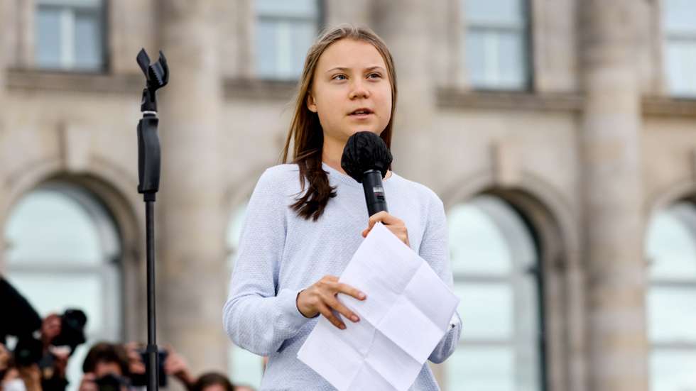 epa09485508 Swedish climate activist Greta Thunberg delivers a speech at the Fridays For Future global climate action day in Berlin, Germany, 24 September 2021. Climate activists of Fridays For Future call for socially fair and consistent measures to limit climate heating to 1.5 degrees Celsius ahead of German federal elections, that take place on 26 September 2021. The young activists are planning hundreds of protests and demonstrations worldwide during a 'climate strike' on 24 September 2021.  EPA/FILIP SINGER