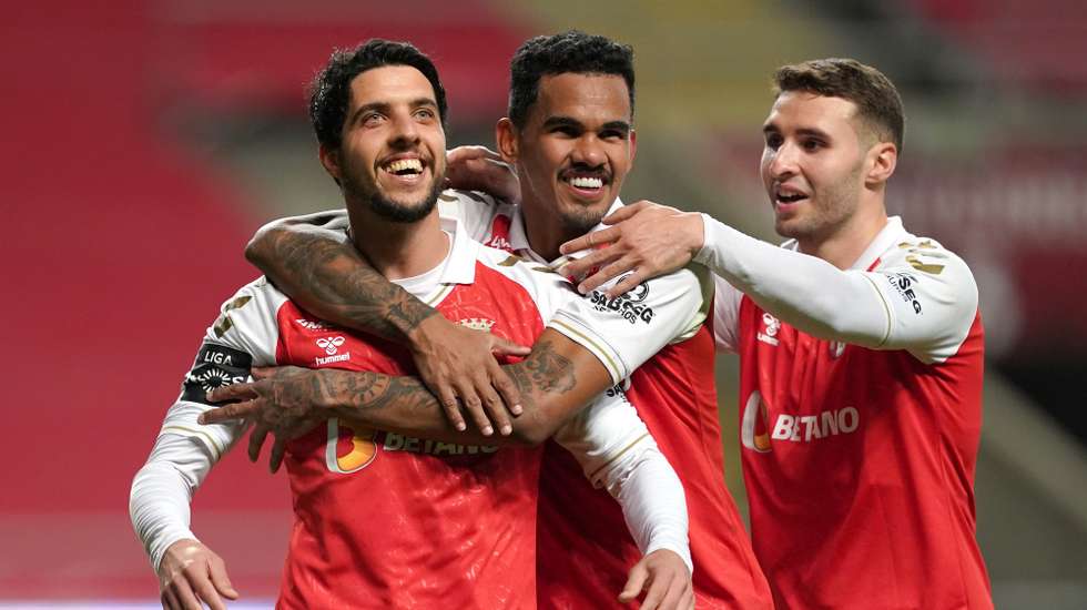 SC Braga&#039;s player Joao Novais (L) celebrates after scoring a goal during the Portuguese First League soccer match, SC Braga vs Tondela, held at Municipal de Braga stadium in Braga, Portugal, 21 February 2021. HUGO DELGADO/LUSA