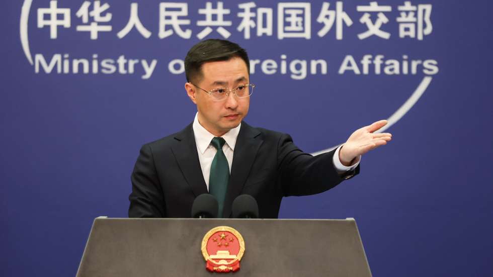 epa11279420 China’s Ministry of Foreign Affairs spokesperson, Lin Jian, gestures during a press conference in Beijing, China, 15 April 2024. China's Foreign Ministry spokesperson Lin Jian expressed 'deep concern' over the escalation of conflict following Iran’s missile and drone attack on Israel, and 'urge both sides to avoid escalation of the situation'.  EPA/WU HAO