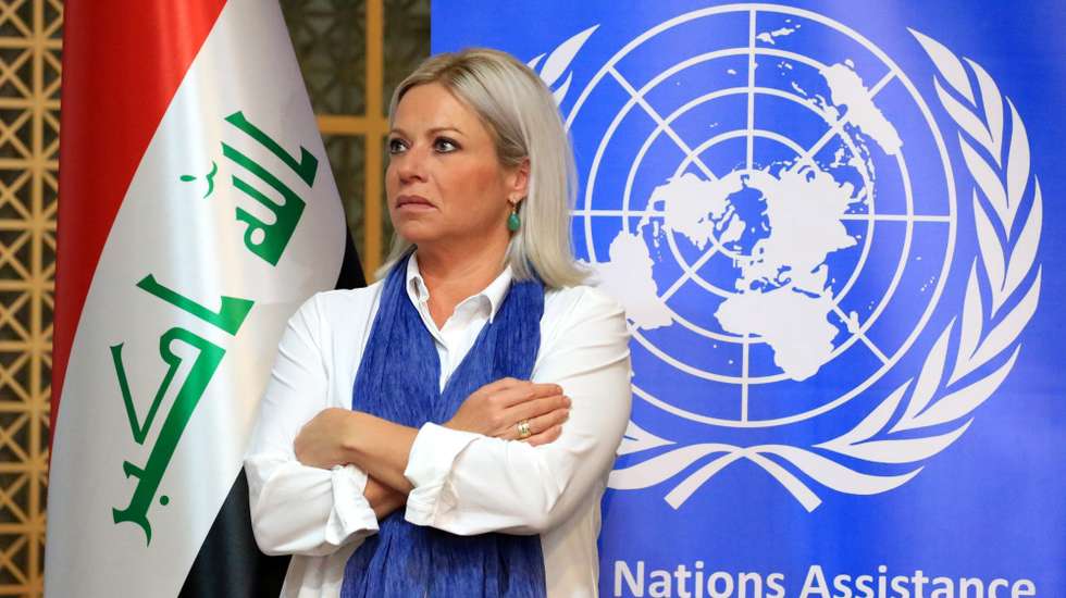 epa09506936 The Special Representative for the United Nations Assistance Mission for Iraq, Jeanine Hennis-Plasschaert, speaks during a press conference in Baghdad, Iraq, 05 October 2021. Plasschaert said during the press conference, that a group of 130 international experts and around 800 supporting staff will be monitoring Iraqâ€™s upcoming elections.  EPA/AHMED JALIL