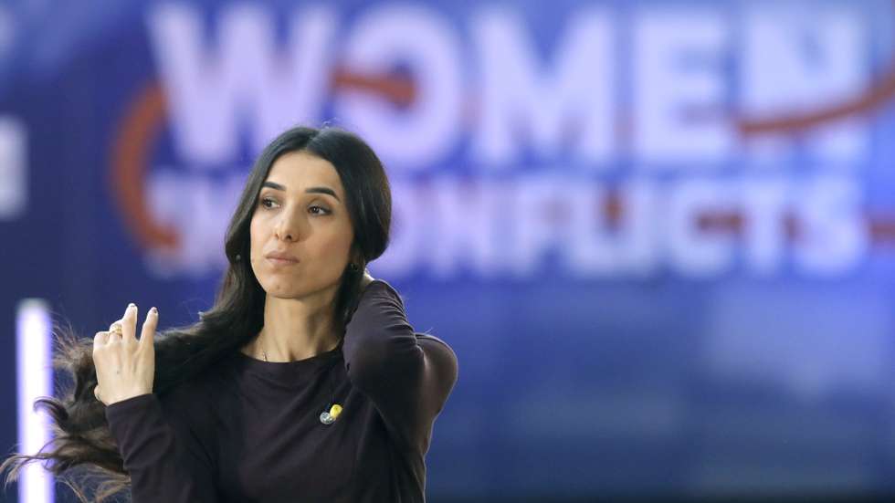 epa10004112 Nobel Peace Prize laureate and UNODC Goodwill Ambassador Nadia Murad attends the second edition of 'Women in Conflicts' at the European Council headquarters in Brussels, Belgium, 09 June 2022. The conference, a continuation of the 'Women in Conflicts' organized in New York in 2021, gathers women leaders and survivors of conflicts.  EPA/OLIVIER HOSLET