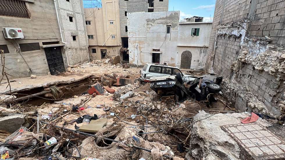 epa10868435 A damaged neighborhood, days after Storm Daniel swept across eastern Libya, in the port city of Derna, Libya, 18 September 2023. Intense rainfall from the storm in the country's eastern region caused the collapse of two dams south of the city of Derna, sweeping away entire neighborhoods. The death toll has surpassed 11,300 and over 34,000 people have been displaced across the country. The flooding exacerbated Libya's needs, where 800,000 people are reported in need of humanitarian assistance, the International Rescue Committee (IRC) said.  EPA/STR