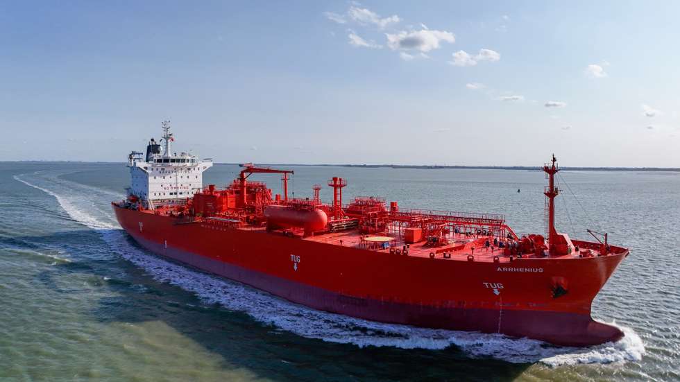 epa12821974 A view of the Arrhenius tanker, designed for transporting liquefied natural gas LNG (IMO 9471032) and registered in Liberia, leaves Antwerp Chemical harbour in Hansweert, The Netherlands, 15 March 2026. The EU Commission presented EU Industrial Maritime and Port Strategies, following the closure of the Strait of Hormuz amid the escalating regional conflict leading to growing concern over global oil supplies.  EPA/OLIVIER HOSLET