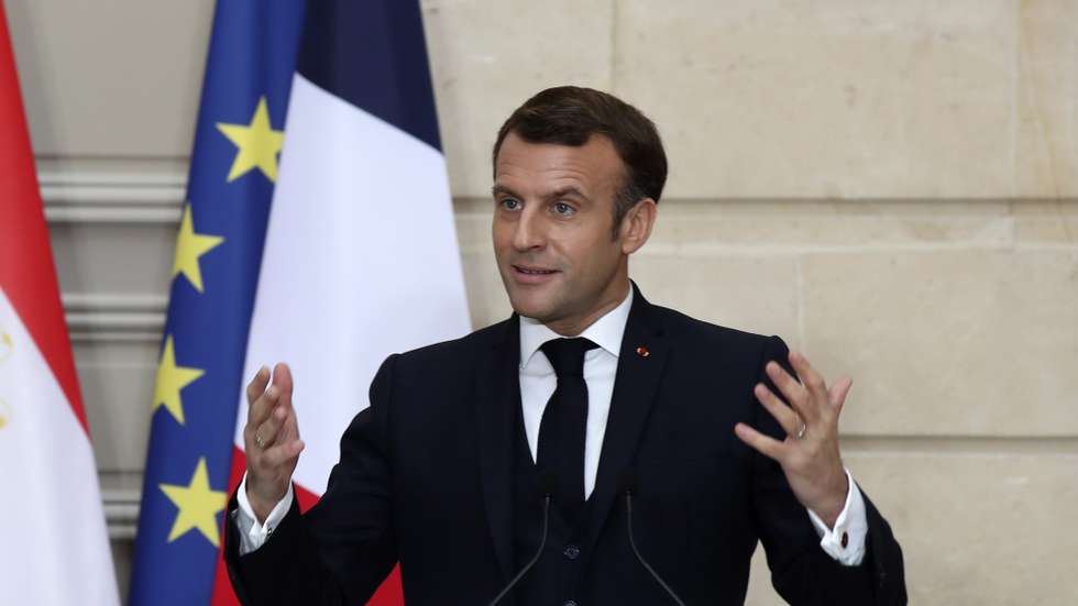 epa08868141 French President Emmanuel Macron speaks during a joint press conference with Egyptian President Abdel Fattah Al-Sisi (not pictured) at the Elysee Palace in Paris, France, 07 December 2020. Al-Sisi met Macron for talks on fighting terrorism, the conflict in Libya and other regional issues as part of a state visit to France, amid criticism from human rights groups over the Egyptian leader's crackdown on dissent.  EPA/MICHEL EULER / POOL MAXPPP OUT