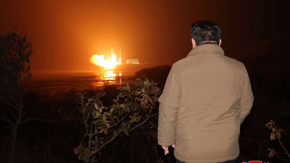 epa10988693 A photo released by the official North Korean Central News Agency (KCNA) on 22 November 2023 shows North Korean leader Kim Jong Un overseeing the launch of a new-type carrier rocket 'Chollima-1' carrying the reconnaissance satellite 'Malligyong-1' at the Sohae Satellite Launching Ground in Cholsan County, North Phyongan Province, North Korea, 21 November 2023. According to KCNA, North Korea's National Aerospace Technology Administration (NATA) has successfully launched the carrier rocket 'Chollima-1' and 'accurately put the reconnaissance satellite 'Malligyong-1' on its orbit at 22:54:13, 705s after the launch'.  EPA/KCNA   EDITORIAL USE ONLY  EDITORIAL USE ONLY