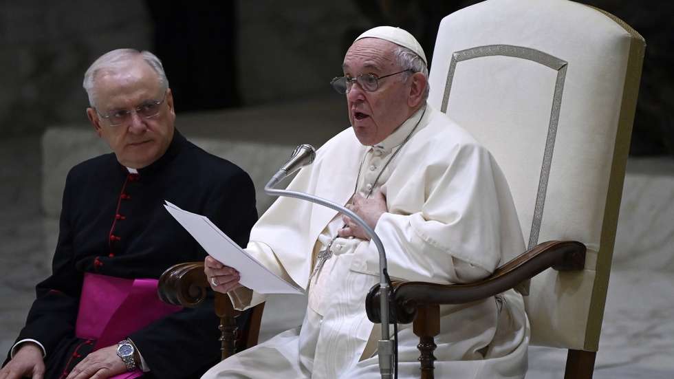epa10364975 Pope Francis leads the weekly general audience in the Paul VI Hall, Vatican City, 14 December 2022.  EPA/RICCARDO ANTIMIANI
