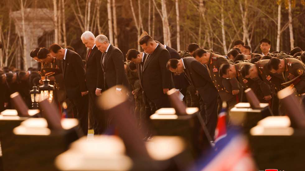 epa12916230 A photo released by the official North Korean Central News Agency (KCNA) shows North Korean leader Kim Jong Un (C), Russian Defense Minister Andrei Belousov (Centre-2 L), State Duma Speaker Vyacheslav Volodin (Centre-L) and other attendees bowing during the inauguration ceremony of the Memorial Museum of Combat Feats at the Overseas Military Operations in Pyongyang, North Korea, 26 April 2026 (issued 27 April 2026). According to KCNA, the museum was inaugurated to mark the first anniversary of the conclusion of the operation to liberate the Kursk region of the Russian Federation.  EPA/KCNA  EDITORIAL USE ONLY