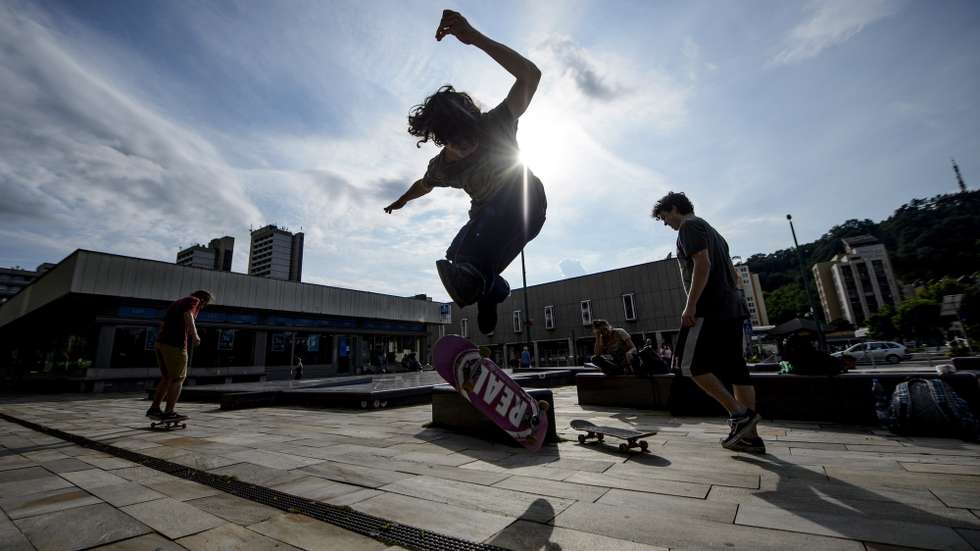 epa08501007 A skater rides his skateboard and performs tricks in Salgotarjan, Hungary, 21 June 2020.  EPA/Peter Komka HUNGARY OUT