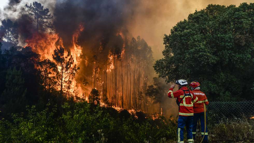 Elementos dos bombeiros durante o combate ao incêndio florestal na aldeia do Lavradio, Ourém, 13 de julho de 2022. Dezasseis dos 18 distritos de Portugal continental estão hoje sob aviso vermelho, o mais grave, devido ao tempo quente, com mais de uma centena de concelhos em perigo máximo de incêndio rural. NUNO ANDRÉ FERREIRA/LUSA