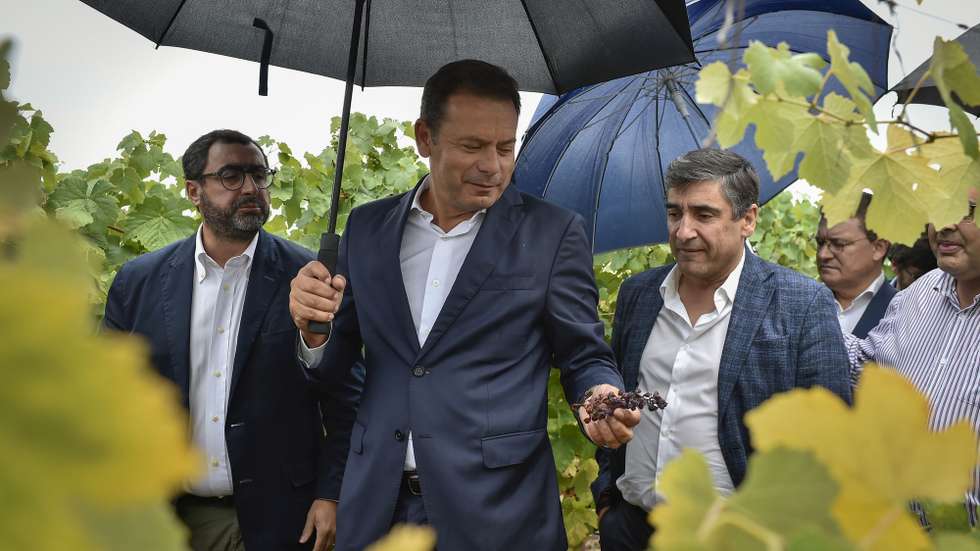 O presidente do Partido Social Democrata (PSD), Luís Montenegro (C), esta manhã durante uma visita à Quinta do Serrado, no âmbito do programa "Sentir Portugal em...", em Penalva do Castelo, 14 de Setembro de 2022. Viseu é o primeiro distrito escolhido por Luís Montenegro, na sequência do compromisso que assumiu no último congresso, de passar uma semana por mês, nos diferentes distritos de Portugal. NUNO ANDRÉ FERREIRA/LUSA