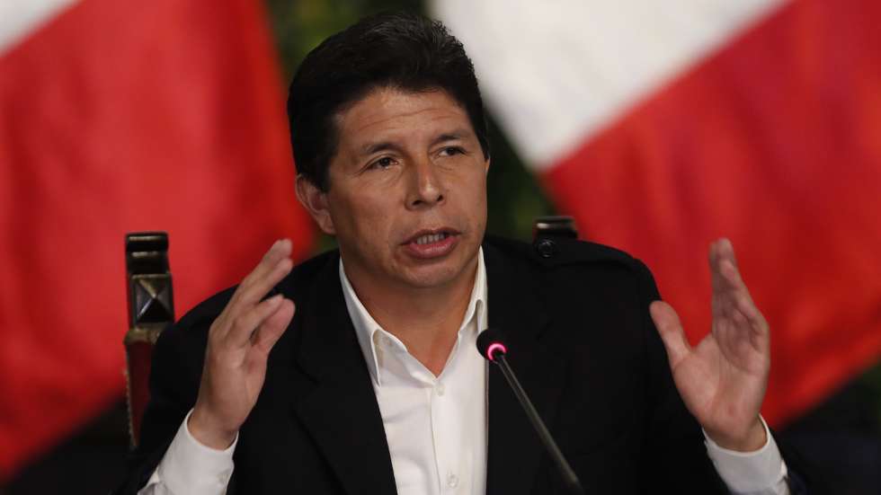 epa10237469 President of Peru, Pedro Castillo, speaks during a press conference, in Lima, Peru, 11 October 2022. Castillo assured that 'the execution of a new form of coup d'Ã©tat has begun in Peru', after the Prosecutor's Office filed a constitutional complaint against him in Congress and ordered raids on the homes of several parliamentarians and his sister for an alleged case of corruption. Castillo gave these statements hours after the Public Ministry announced that the Attorney General of the Nation (general), Patricia Benavides, would file a constitutional complaint against Castillo in Congress for leading an alleged criminal organization in the Executive, as well as for drug trafficking, influences and complicity in an alleged case of collusion (fraud).  EPA/Paolo Aguilar