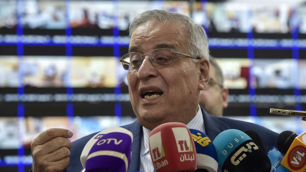 epa09929674 Lebanese Foreign Minister Abdallah Bou Habib speaks to the media during the parliamentary elections taking place outside Lebanon at an operation room to observe the voting process through screens at the Ministry of Foreign Affairs in downtown Beirut, Lebanon, 06 May 2022. Lebanese parliamentary elections for Lebanese citizens residing outside Lebanon will be held on 06 and 08 May 2022, expatriates are expected to take part in legislative elections in nearly 60 countries. Lebanese parliamentary elections in Lebanon are scheduled for 15 May 2022.  EPA/WAEL HAMZEH
