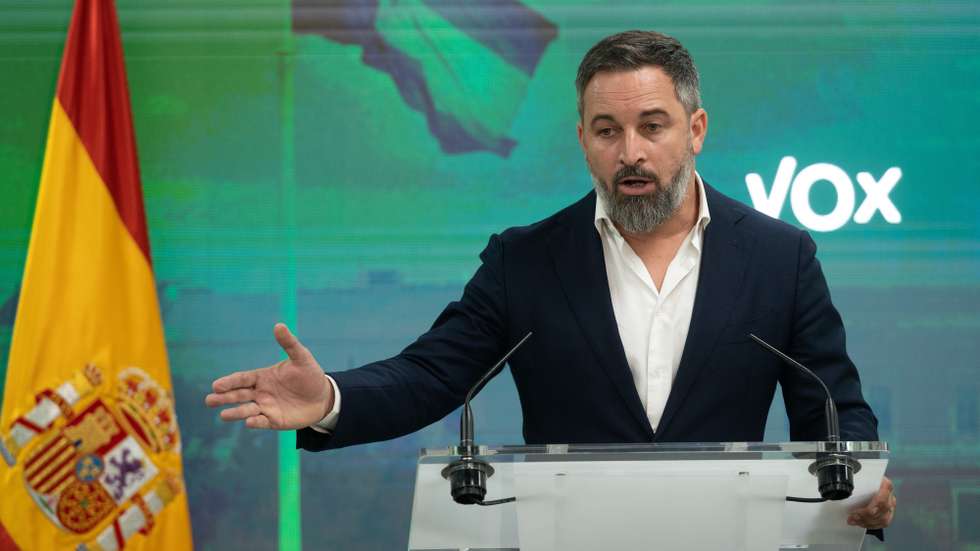 epa10674260  Santiago Abascal, the leader of the Spanish party 'Vox', addresses a press conference following the party's Action Committee in Madrid, Spain, 05 June 2023. None of the Spanish political parties will be holding primary elections for the upcoming general elections, 23 July 2023, which leads to believe the candidates running for Prime Minister will be their current leaders.  EPA/FERNANDO VILLAR