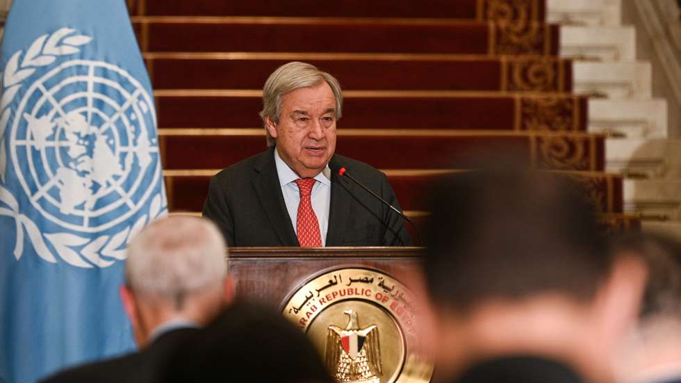epa10927498 United Nations (UN) Secretary-General Antonio Guterres attends a joint press conference with Egypt's Foreign Minister Shoukry after their meeting in Cairo, Egypt, 19 October 2023. Guterres is in Egypt on an official visit.  EPA/MOHAMED HOSSAM